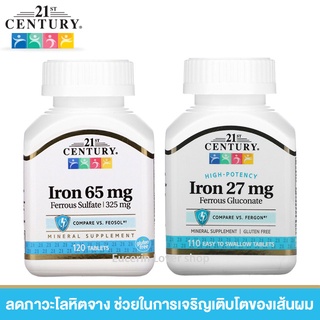 21st Century, High-Potency Iron, 27 mg, 110 Easy to Swallow Tablets ป้องกันโรคโลหิตจาง ลดอาการผมร่วง