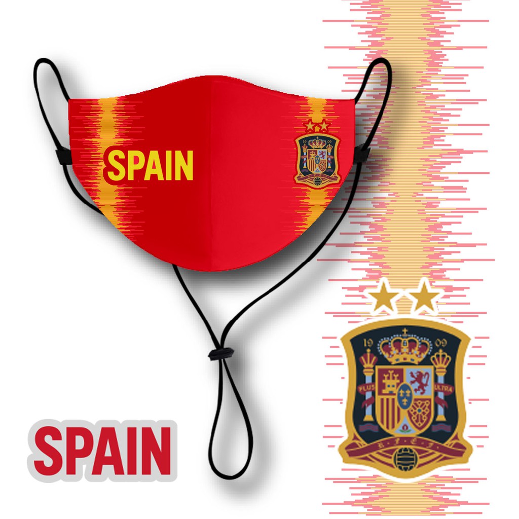 ภาพหน้าปกสินค้าหน้ากากผ้า แมส ผ้า ผู้ใหญ่ มีสายคล้องคอ ลายทีมชาติ สเปน สีแดง