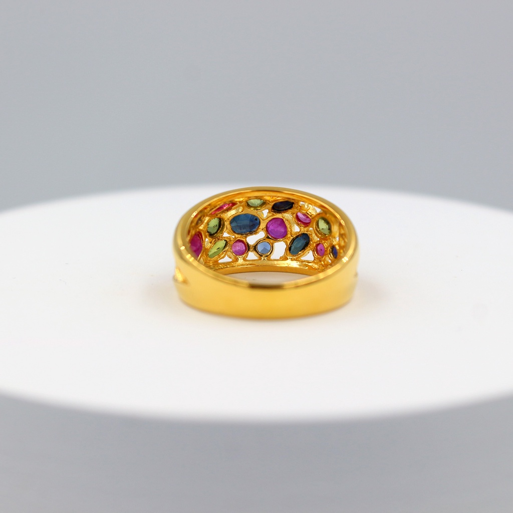 แหวนทองแท้-หลุดจำนำ-size-56-แหวนพลอยแฟนซีหน้ากว้างฉลุลาย-พลอยแท้สลับไพลิน-ทับทิม-เขียวส่อง-ทองแท้-18k