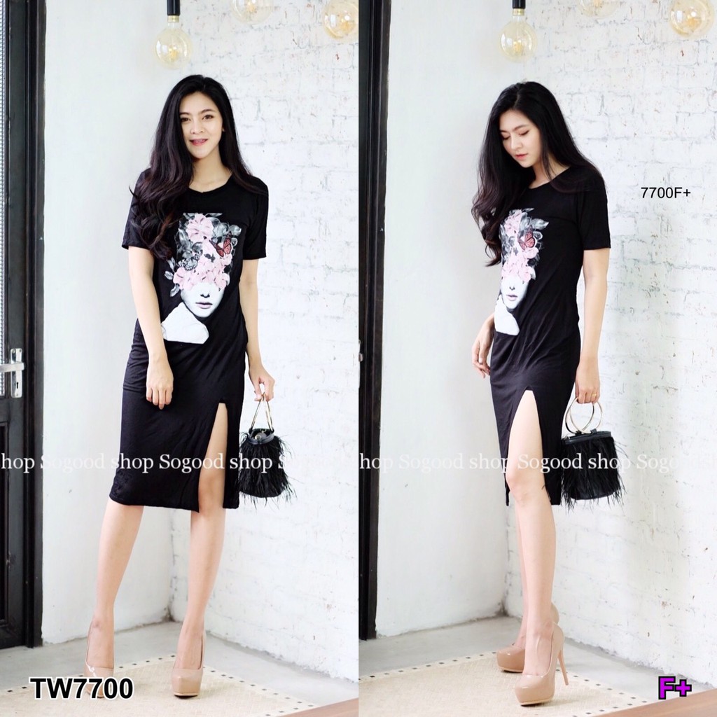 at7700-เดรสยาว-5ส่วน-สกรีนผู้หญิงกับผีเสื้อผ้ายืดเรยอนเนื้อดี-ด้านหน้าช่วงกระโปรงผ่ายาว