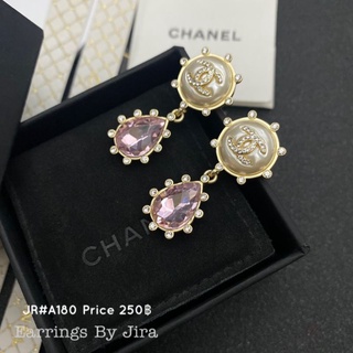 ต่างหู Chanel ชาแนล  ก้านเงิน 925 ปั้มแบรนด์ หยดน้ำสีชมพู