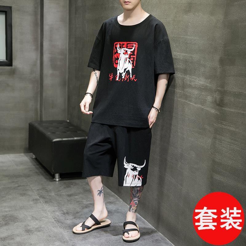 ผ้าลินินสูทผู้ชายฤดูร้อนสไตล์จีน-hanfu-ครึ่งแขนย้อนยุคบางผ้าฝ้ายและผ้าลินินสองชิ้นพิมพ์ผู้ชายแขนสั้นเสื้อยืด