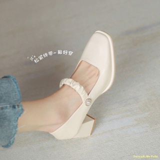 สินค้า Spot 🔥 รองเท้า Mary Jane รองเท้าส้นสูงผู้หญิงหัวเหลี่ยมใหม่ย้อนยุค