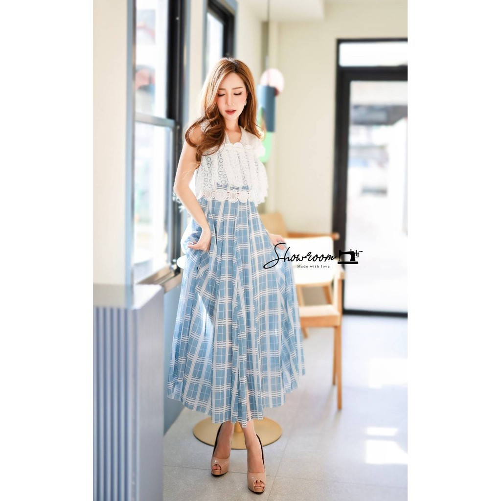 เดรสแขนกุดลายสก็อตสีฟ้าขาว JSD Blue Ocean scott dress | Shopee Thailand