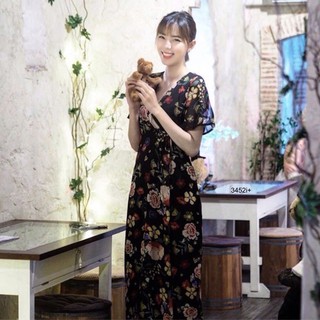 Maxxi Dress ยาว แขนสั้น ผ้าไหมอิตาลี่ พิมพ์ลายดอกไม้สีสันสดใสทั้งชุด KP3452