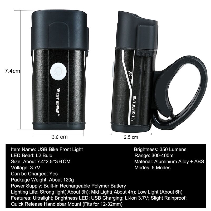 west-biking-ไฟฉาย-350-lumens-5-โหมด-กันน้ํา-ชาร์จ-usb-สําหรับติดด้านหน้ารถจักรยาน