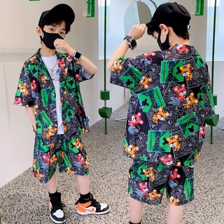 ✨Coco✨เสื้อผ้าฤดูร้อนของเด็กชายเสื้อเชิ้ตเด็กแขนสั้นชุดปี2022ชุดสองชิ้นสำหรับเด็กวัยกลางและใหญ่ชุดแฟชั่นสำหรับเด็กสไตล์เ