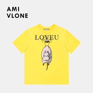 เสื้อยืดแขนสั้น พิมพ์ลายการ์ตูน Amivlone love you series สีเหลือง สําหรับผู้หญิง