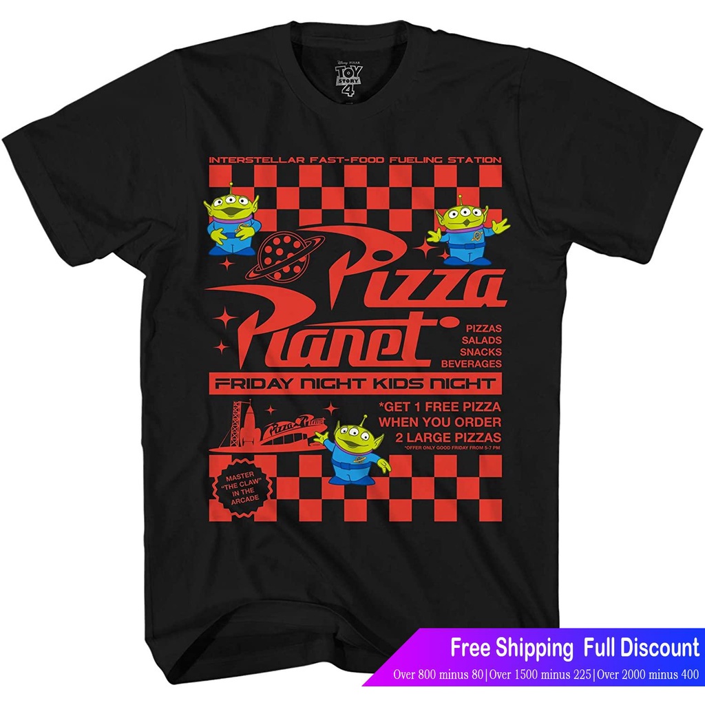 เสื้อยืดผ้าฝ้ายพิมพ์ลายดิสนีย์เสื้อยืดลำลอง-disney-pixar-toy-story-pizza-planet-take-out-flyer-disneyland-world-tee-funn