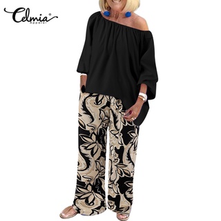 Celmia เสื้อเปิดไหล่ข้างเดียว แขน 3/4 และกางเกงขากว้าง พิมพ์ลายดอกไม้ ทรงหลวม สองชิ้น สําหรับผู้หญิง