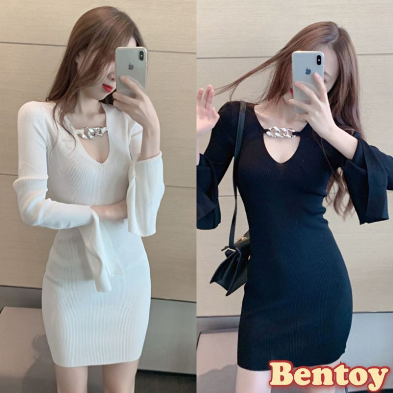 bentoy-พร้อมส่ง-ชุดเดรสไหมพรมแขนยาวแต่งโซ่ว์หน้าวีงายสวยno-6706-1