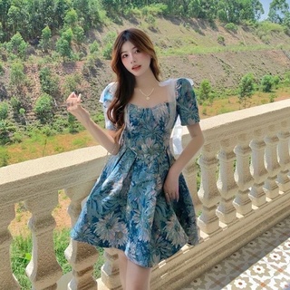 SG0801 Blue flower dress มินิเดรสสุดปัง คอยูโทนสีสวย ลายสวยชัดมากๆค่ะ สวยหรูงานมีซิปหลัง ต่อผ้าแก้วผูกโบว์เริ่ดๆ