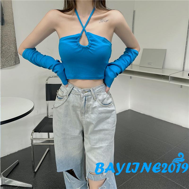 bay-เสื้อครอปแขนกุดเปลือยหลังสีพื้น-ปลอกแขนสําหรับผู้หญิง