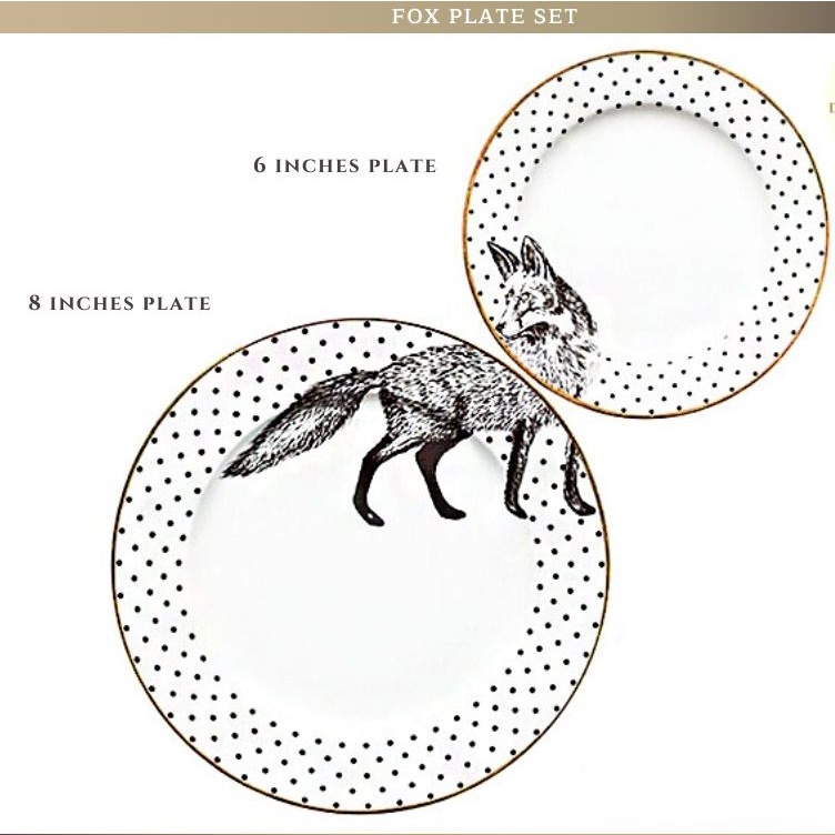 ชุดจานลายจิ้งจอกขอบทอง-fox-plate-set-สวยมาก-ขนาด6นิ้ว-และ8นิ้ว-เนื้อfine-bone-plateขาวใสอย่างดี-อุปกรณบนโต๊ะอาหาร