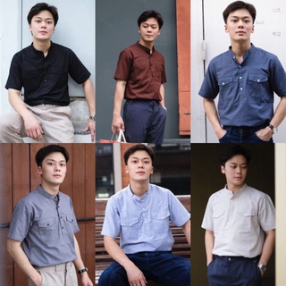 New เสื้อเชิ้ตคอจีน กระเป๋าคู่ แขนสั้น ✨ oxford shirts เสื้อผ้าผู้ชาย