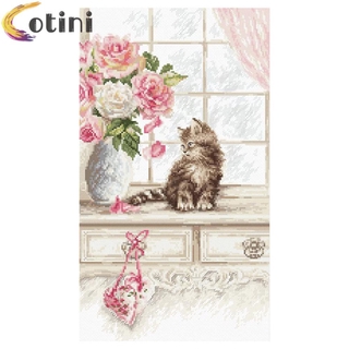 KIT CAT Cotini ภาพจิตรกรรมปักครอสติสลาย 11 Ct Diy Cat Pink Flower สําหรับตกแต่งบ้าน