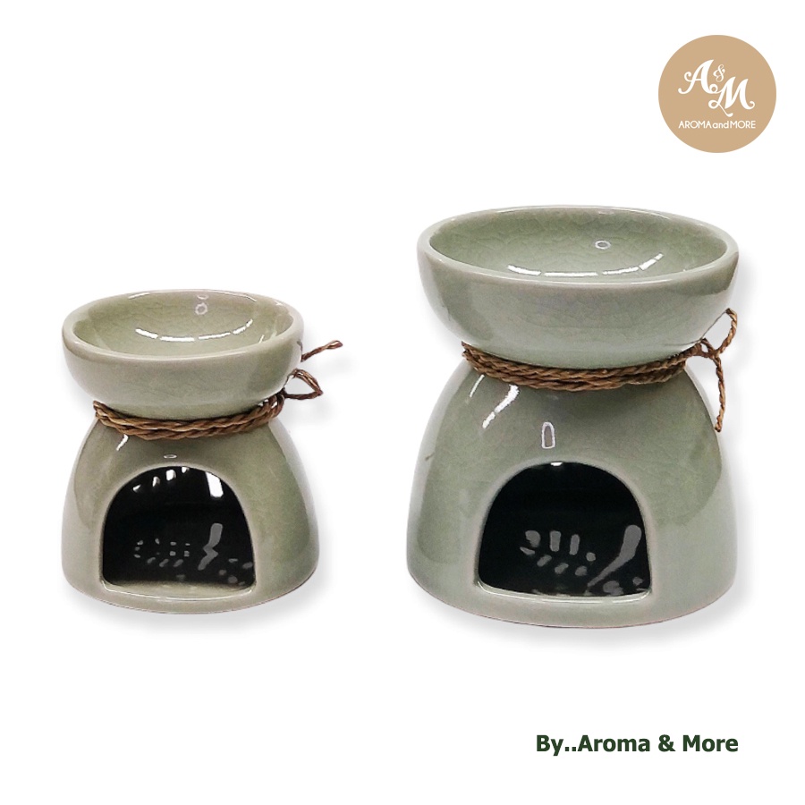 เตาเผาน้ำมันหอมระเหย-เคลือบเงาศิลาดลสีเขียวอ่อน-ฉลุลายใบไม้-ceramic-aroma-burner-glaze-siradol-light-green-color