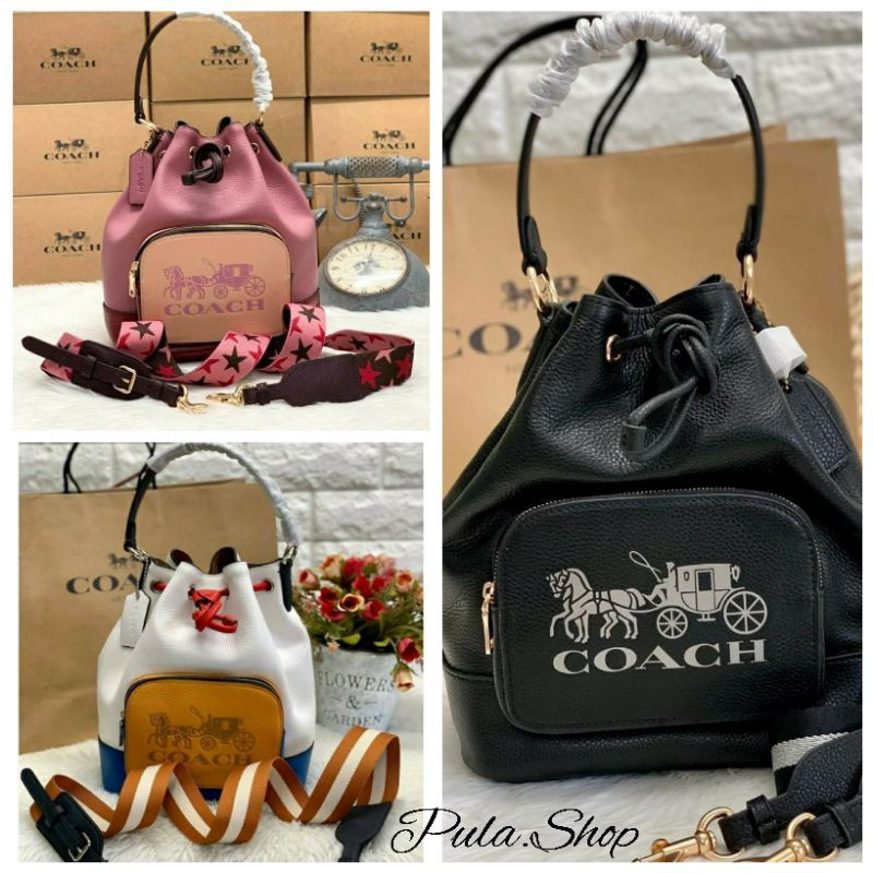 Coach jes drawstring bucket bag online in colorblock with horse and carriage