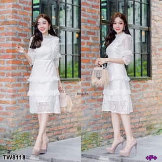 TW8118 Dress เดรสลูกไม้แขนศอก แต่งระบายๆ เป็นเรเยอร์สวยๆ มีซับใน ซิปหลัง