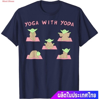 เสื้อยืดผ้าฝ้ายพิมพ์ลายผ้าฝ้าย 100%เสื้อยืดลำลอง Star Wars Yoga With Yoda T-Shirt Sports T-shirtS-3XL