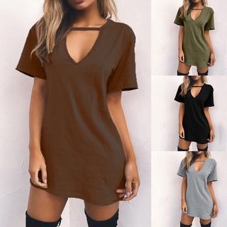 Women T-Shirt Dress V-Neck Baggy Dresses Ladies Long Top Mini Dress Plain