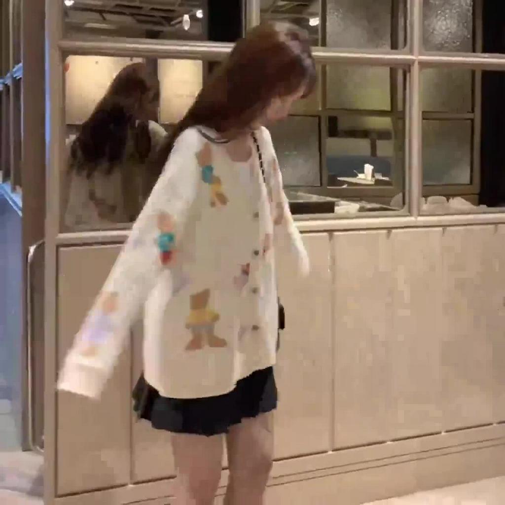 เสื้อคาร์ดิแกน-คอวี-ชนิดผ้าถัก-ทรงหลวม-สำหรับสตรี-เสื้อกันหนาวลายหมี