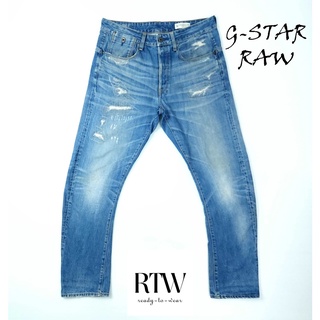 ยีนส์ G-Star Raw เอว 34-35 ขาโค้ง ผ้าด้าน แต่งขาดปะเดิมๆ ขาสลิม