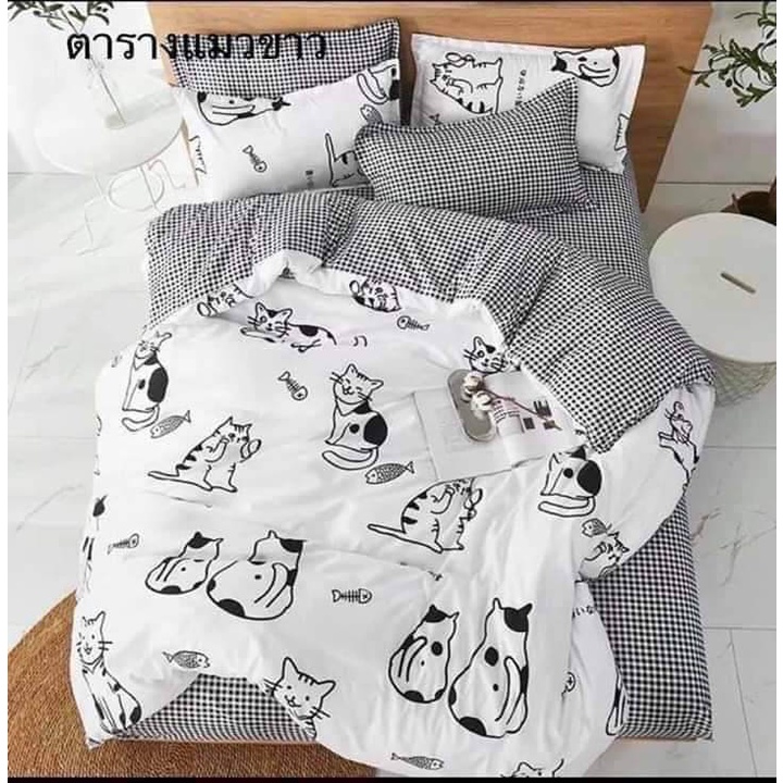 ชุดเครื่องนอนลายการ์ตูนแมวน่ารักๆ-ขนาด-3-5-5-6-ฟุต-ผ้าปูที่นอน-ผ้านวม