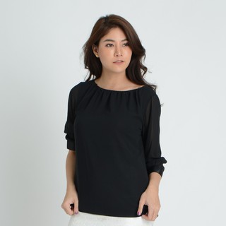 GSP BLOUSE เสื้อจีเอสพี เสื้อไม่มีปก แขนยาวสามส่วน สีดำ (SL47BL)