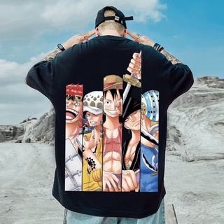 เสื้อยืดแขนสั้น พิมพ์ลายลูฟี่ One Piece สไตล์ญี่ปุ่น ฮิปฮอป โอเวอร์ไซซ์ ทรงหลวม โอเวอร์ไซซ์ แฟชั่นฤดูร้อน สําหรับผู้ชาย