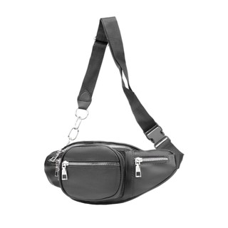 YT(B502-39) กระเป๋าสะพายข้างหนังเทียม4ช่องซิปสีดำเงา