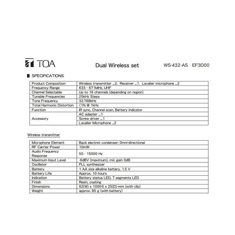 toa-ws-432-dual-channel-wireless-set-ไมค์โครโฟนไร้สาย-ไวเรสส์-ไมค์