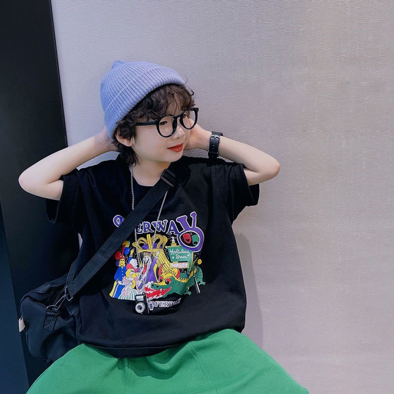 เกาหลีขายร้อน-เสื้อยืดแขนสั้นเด็กผ้าฝ้าย-2021-รุ่นใหม่ของเกาหลีคอกลมสีดำพิมพ์การ์ตูนลำลองหลวม-ๆ-ในเทรนด์เด็กโต