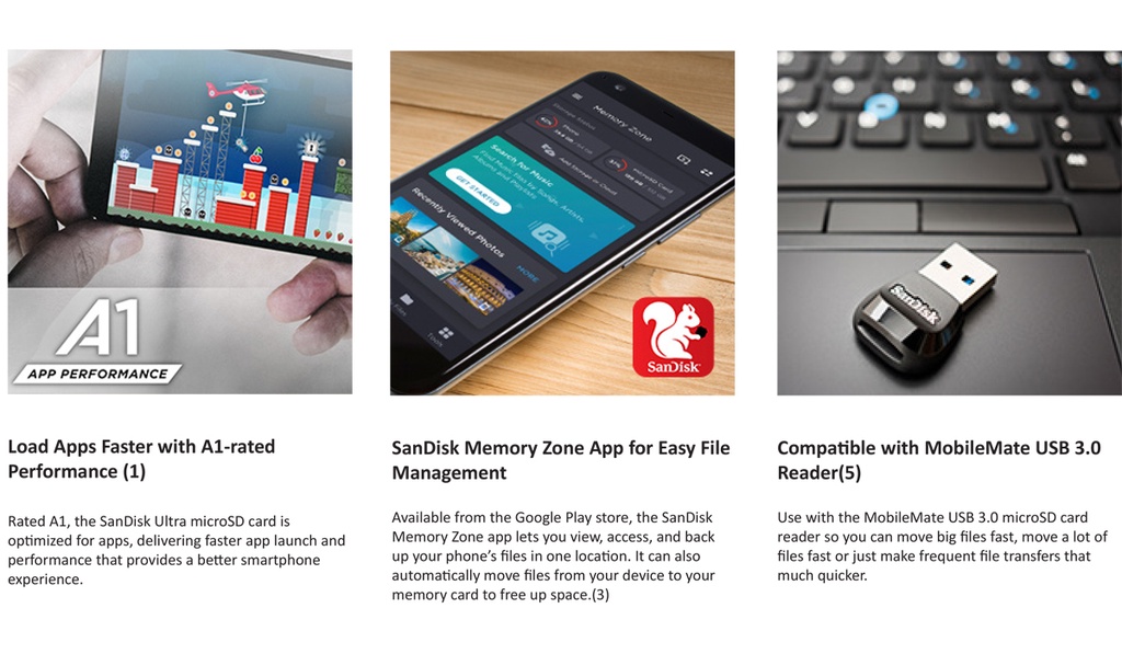 คำอธิบายเพิ่มเติมเกี่ยวกับ SanDisk Ultra Micro SD Card 256GB , 512GB, 1TB Class10 A1 (SDSQUAC) เมมโมรี่ การ์ด โทรศัพท์ Nintendo เล่นแอพเร็ว