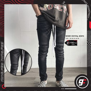 9FEB Biker jeans กางเกงยีนดำส์ฟอก skinny