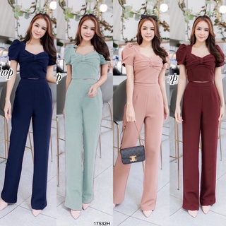 TW17532 Set 2 ชิ้น เซตขายาว อกแต่งโบว์ใหญ่ เสื้อซิปหลัง มาพร้อมกางเกงขายาว งานสุดหรู