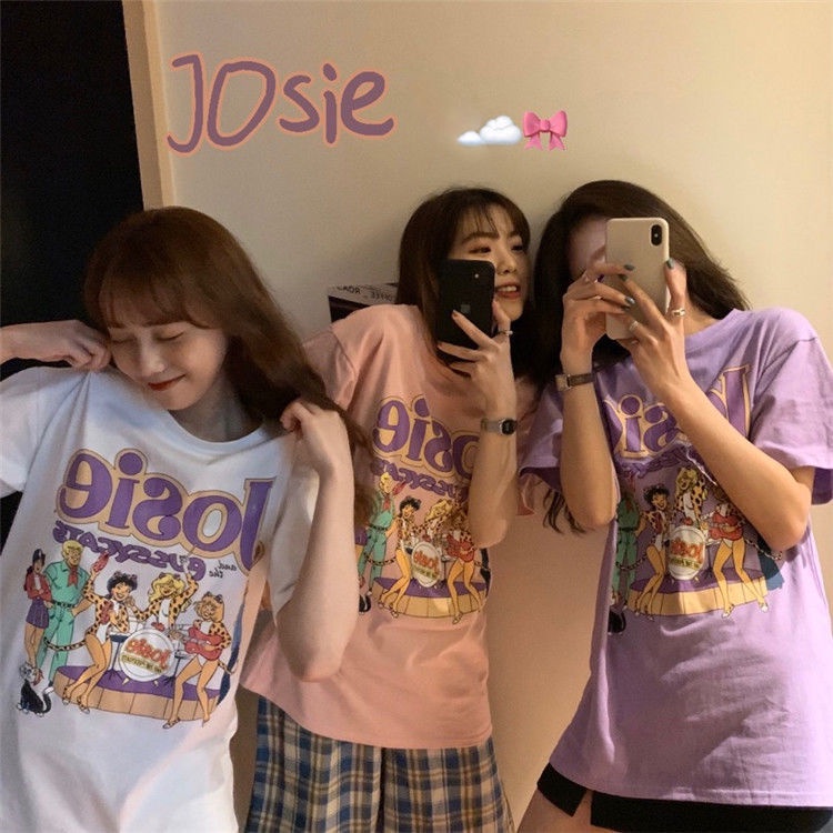 ลายการ์ตูน-เสื้อยืดแขนสั้นแฟชั่นโอเวอร์ไซส์-สไตล์หวานๆ-น่ารักๆ-เสื้อยืดนักเรียนราคาไม่แพง