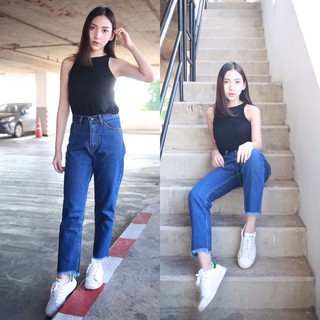 สินค้า Cc jeans 045 กางเกงยีนส์ผู้หญิง  เอวสูง ทรงบอย ขาปาด สีน้ำเงินเข้ม กางเกงผู้หญิง