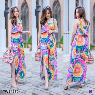 TW14280 Set 2 ชิ้น #สาวอวบ เสื้อสายเดี่ยว สม็อกอกกับเอว เพิ่มดีเทลสายย่น + กระโปรงยาว ผ่าข้างสูง เนื้อผ้าสปัน ลายมัดย้อม