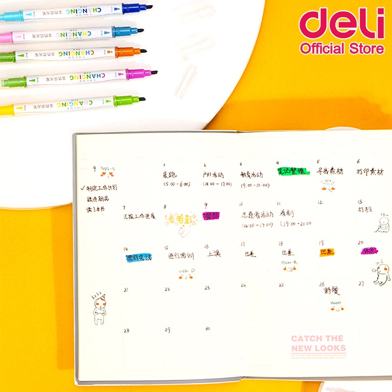 deli-s609-highlighter-ปากกาเน้นข้อความ-2-หัว-เปลี่ยนสี-แพ็ค-6-แท่ง-12-สี-ขนาด-1-3-5mm-เครื่องเขียน-ชุดไฮไลท์-ไฮไลท์