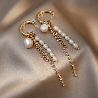 925 silver needle style geometric C-shaped chain tassel earrings pearl and diamond design earrings temperament earrings