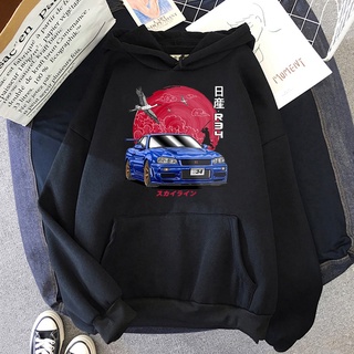 เสื้อกันหนาว มีฮู้ด ลายการ์ตูนอนิเมะ Initial D Jdm Car Skyline Gtr R34 สไตล์ญี่ปุ่น สตรีท สําหรับผู้ชาย