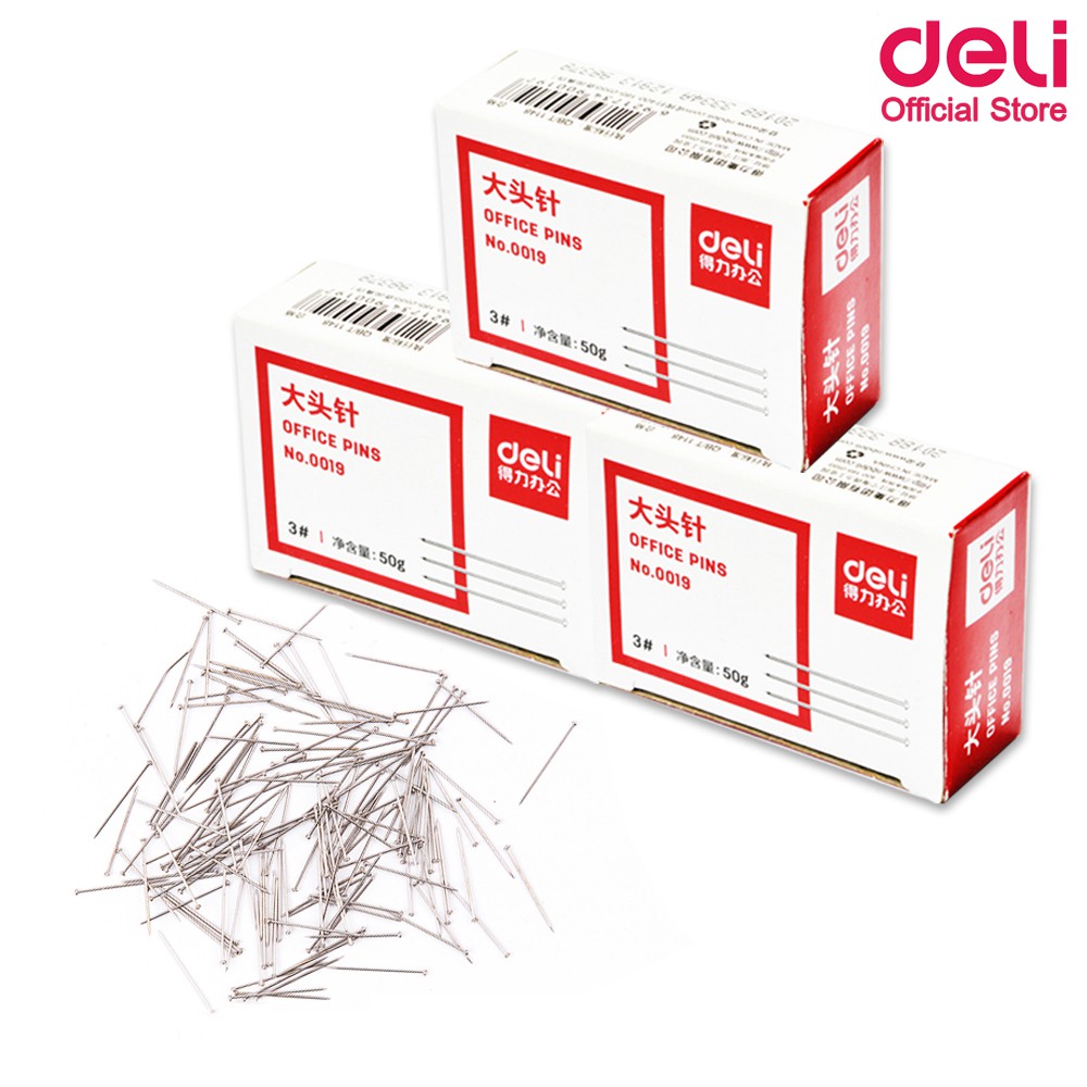 deli-0019-office-pin-50g-เข็มเย็บกระดาษ-เข็มทำกระทง-ขนาด-50-กรัม-แพ็ค10กล่อง-เข็มทำกระทง-หมุดทำกระทง-หมุดเสียบกระดาษ