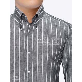 DGRIE Linen TwoTone Gray&amp;White Strip Button down Collar shirt-เสื้อเชิ้ตลินินลายทางสีเทา