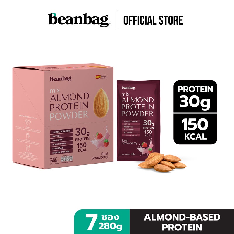 ภาพหน้าปกสินค้าBeanbag Almond Protein Powder รส Real Strawberry 280g โปรตีนอัลมอนด์และโปรตีนพืชรวม 5 ชนิด รสสตรอว์เบอร์รี 28