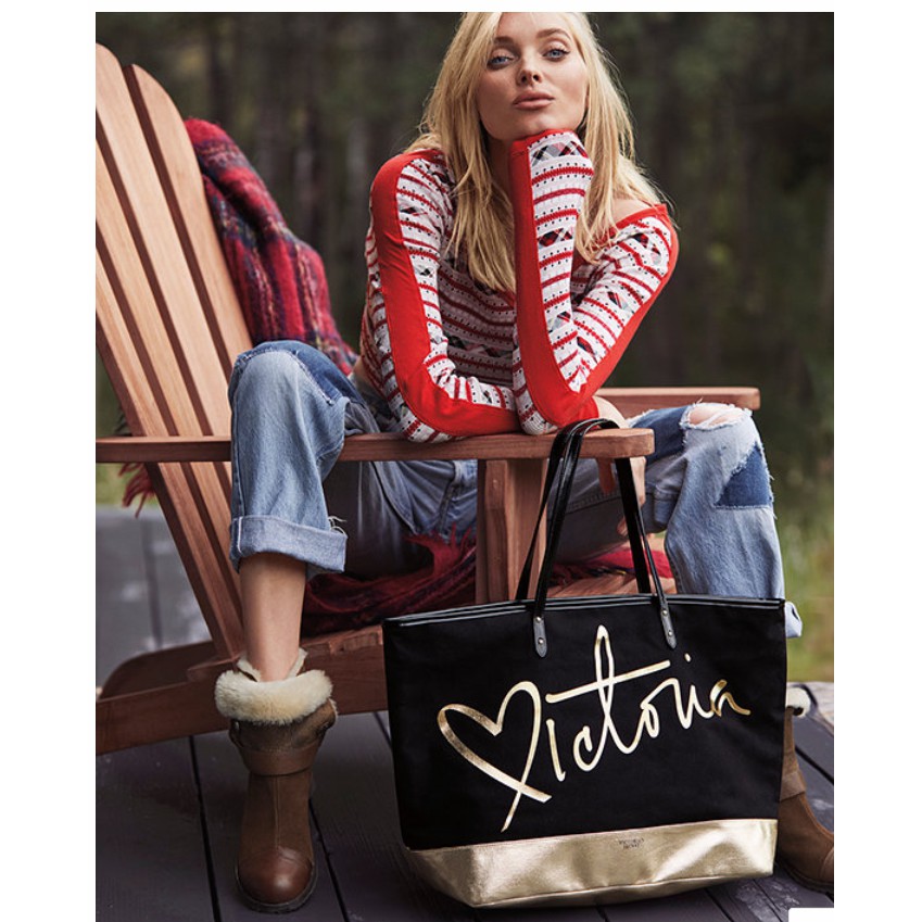 Victoria's Secret Heart Script Victoria Tote (Black/Gold) | Shopee Thailand