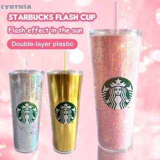 【Flash】แก้วน้ํา Starbucks พลาสติกสองชั้น ใช้ซ้ําได้ พร้อมหลอดดูด