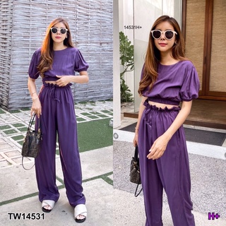 TW14531  Set 2 ชิ้น เสื้อแขนตุ๊กตา สม็อกเอว + กางเกงขายาว ฟรีไซส์ เอวรูดเชือกปรับไซส์ มีกระเป๋าข้างสองข้าง เนื้อผ้าสปัน