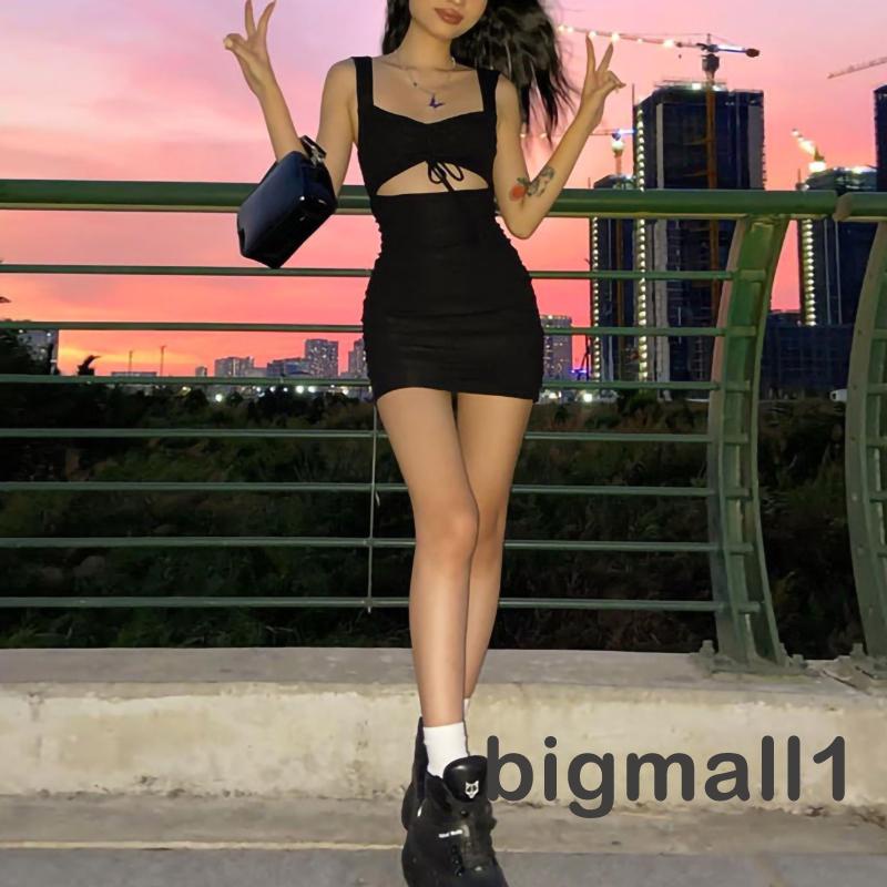 bigmall-ชุดเดรสคอวีเปลือยหลังเปลือยหลังสีพื้นสําหรับผู้หญิง