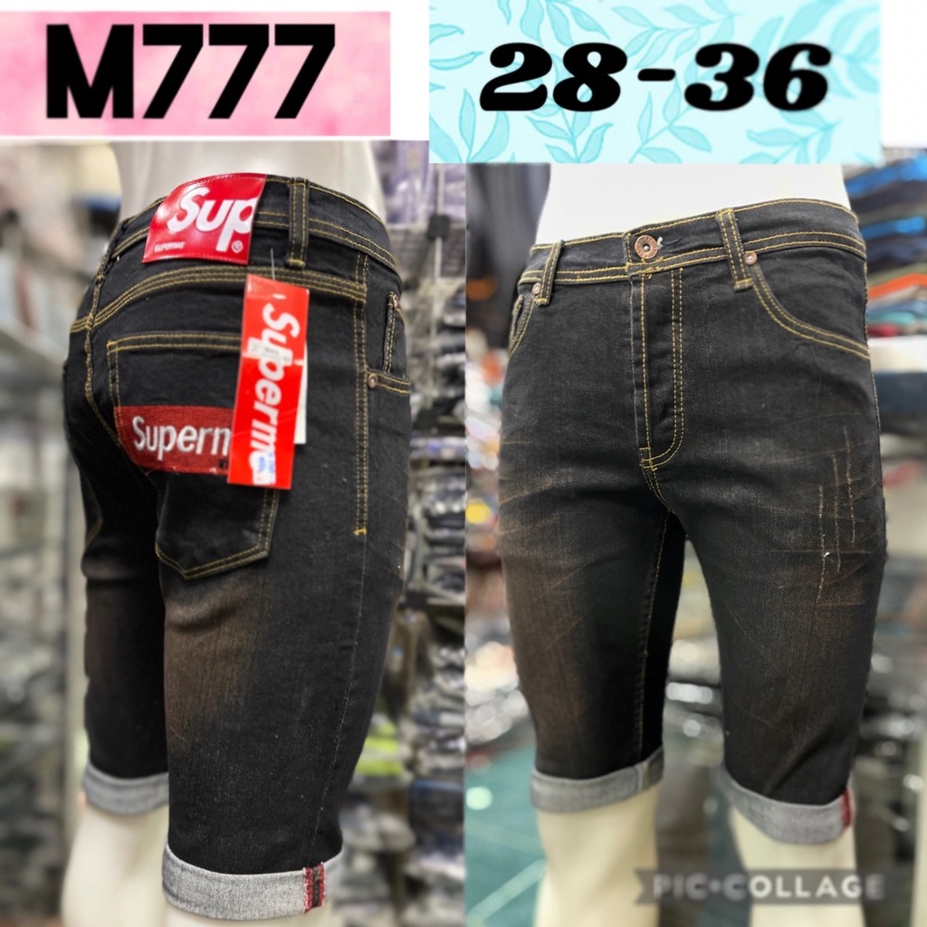 กางเกงขาสั้น-ยีนส์ผู้ชาย-m777-เอว28-36-ผ้ายืดใส่สบาย-สียีนส์สนิมขัด